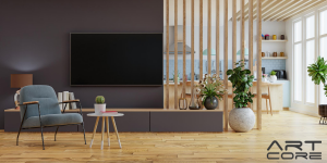 nowoczesny salon z drewnianą podłogą