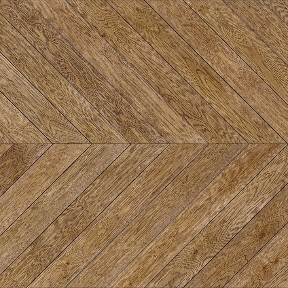Zbliżony obraz drewnianej podłogi ze wzorem w jodełkę.