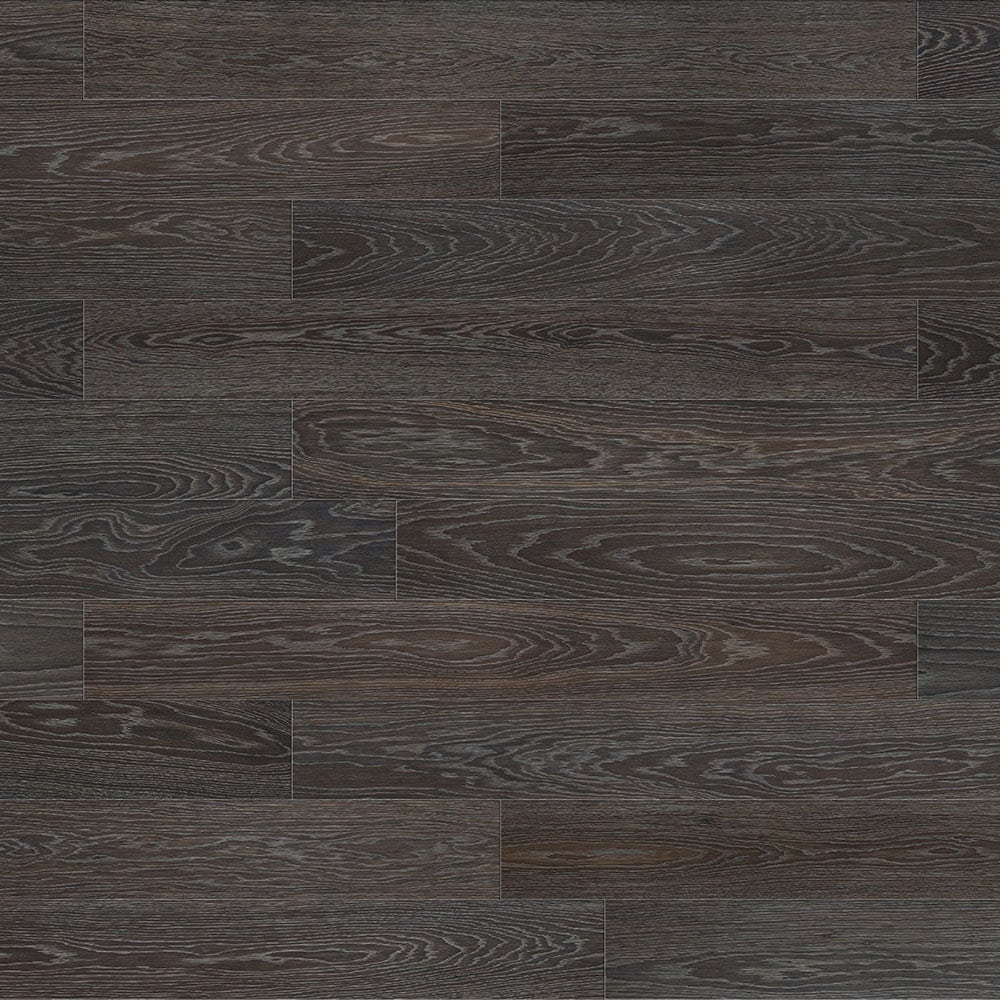 Zbliżenie na podłogę z ciemnego drewna wykonaną z Dąbu Czarnego Wędzonego.
